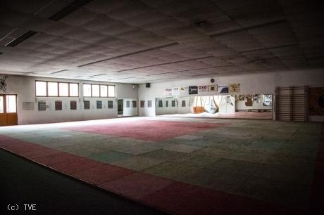 Judohalle der Jahnhalle Blick auf die leere Judohalle in der Jahnhalle, mit Matten auf dem Boden und Spiegeln an den Wänden.