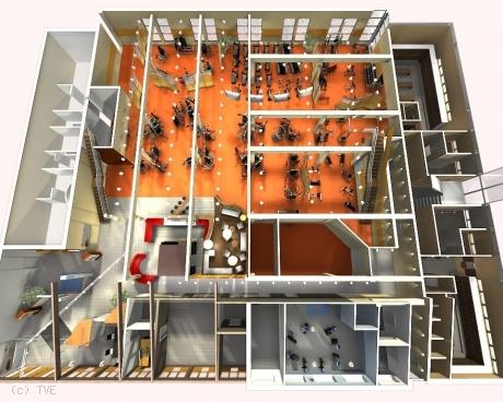 Fitnessstudio Grundriss 3D-Visualisierung eines Fitnessstudios mit einer Draufsicht auf verschiedene Trainingsbereiche und Geräteflächen.