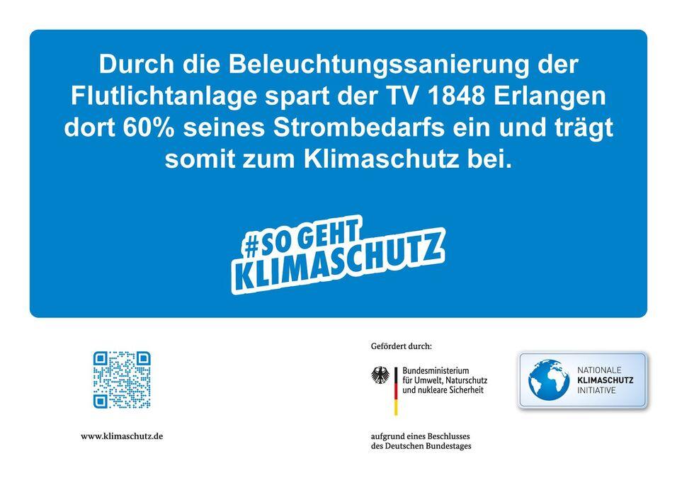 Zertifikat Beleuchtungssanierung Zertifikat zur Beleuchtungssanierung des TV 1848 Erlangen, das die Einsparung von 60% des Strombedarfs und den Beitrag zum Klimaschutz hervorhebt.